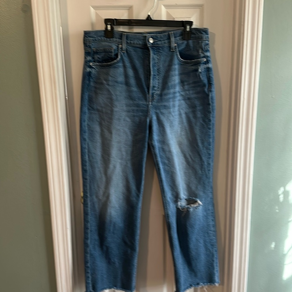 Cropped, wide leg distressed denim